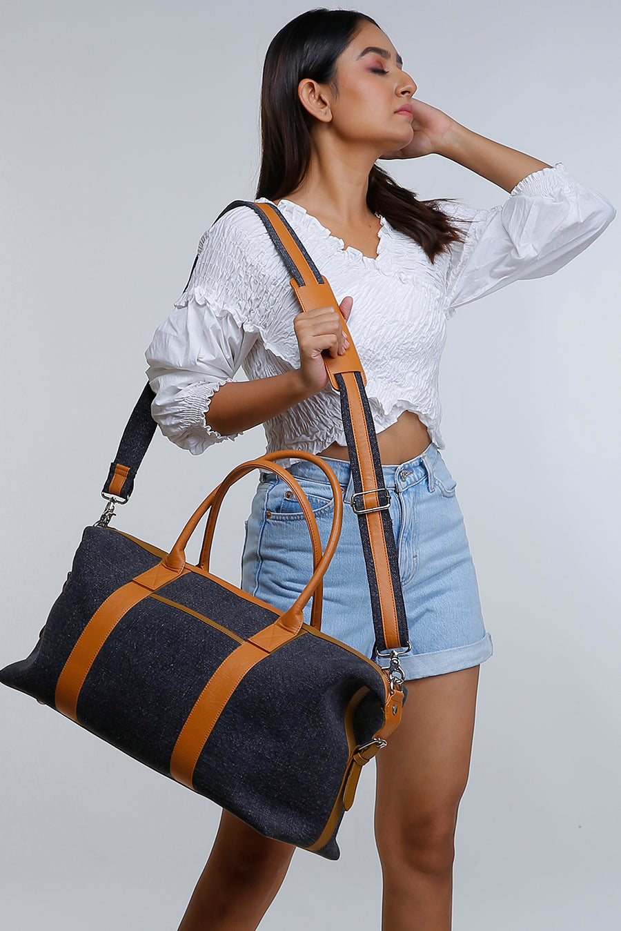 Large Dark Indigo Denim Duffle Bag w/adjustable cross-body strap – Rose  Garden ReMake